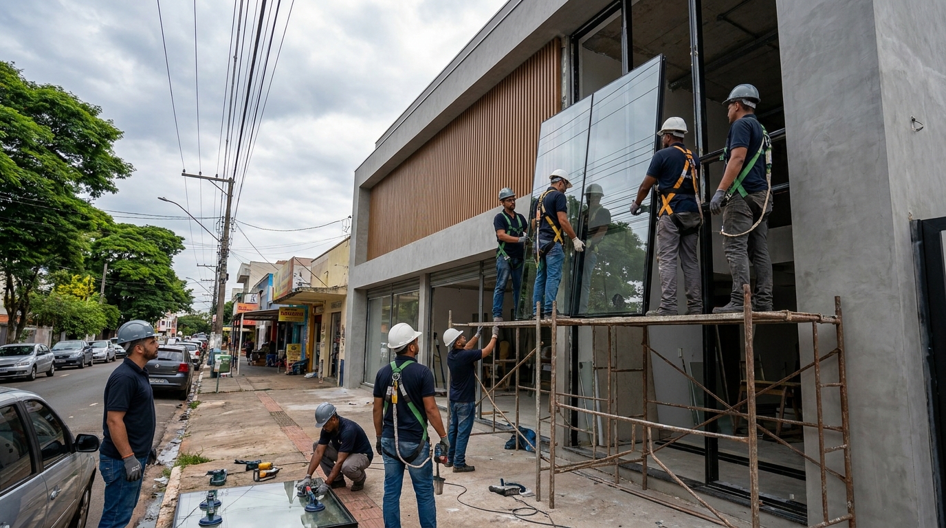 Fachada de vidro com andaime lateral em Belo Horizonte-MG